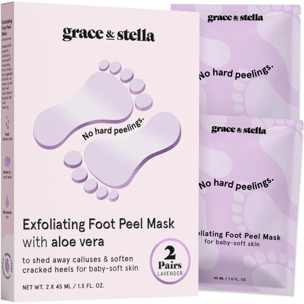imagegrace ampamp stella AwardWinning Foot Peel Mask  Foot Peeling Mask with Aloe Vera  Moisturizing Foot Mask for Dry Cracked Feet  Foot Exfoliator for Baby Soft Feet 2 Pairs LavenderLavender with Aloe Vera  2 Pairs