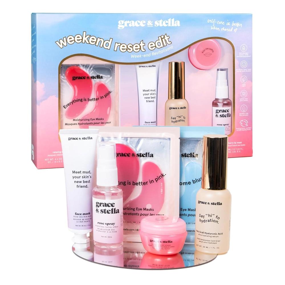 imagegrace ampamp stella AwardWinning Skin Care Set Stocking Stuffers for Teen Girls Christmas Gifts for Women Travel Essentials with Gold Eye Masks Hyaluronic Acid Serum ampamp Rose Spray Beauty Gift SetWeekend Reset Edit
