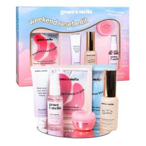 grace & stella Award-Winning Skin Care Set – Stocking Stuffers for Teen Girls, Christmas Gifts for Women – Travel Essentials with Gold Eye Masks, Hyaluronic Acid Serum & Rose Spray, Beauty Gift Set(Weekend Reset Edit)